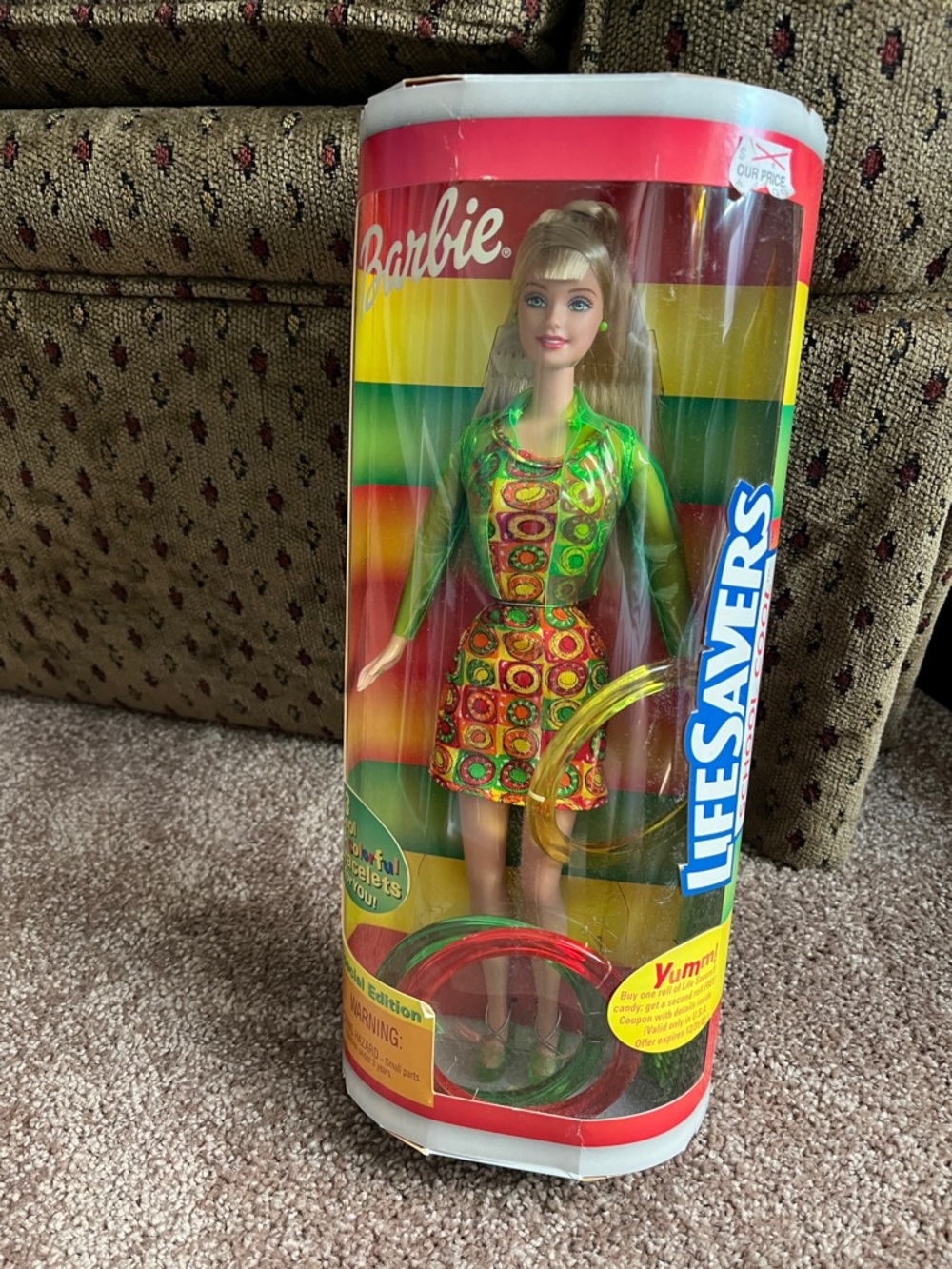 Barbie Doll in Green Jacket with Red, Yellow & Orange Patterned Dress